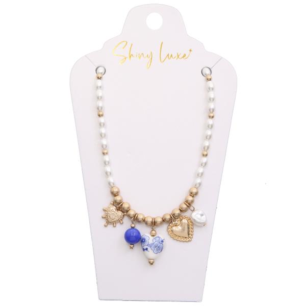 CERAMIC BEAD HEART CHARM PEARL BEAD NECKLACE