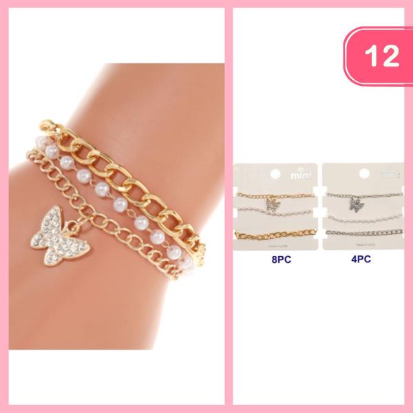 RHINESTONE BUTTERFLY PEARL STACKABLE BRACELET (12 UNITS)