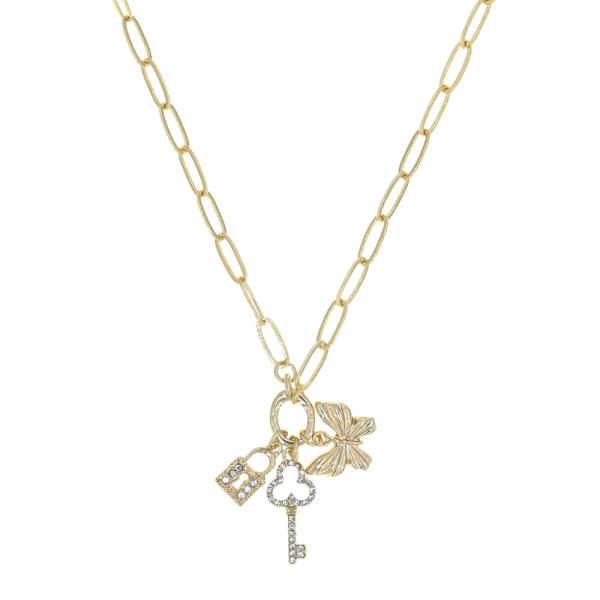 KEY BUTTERFLY CHARM METAL NECKLACE