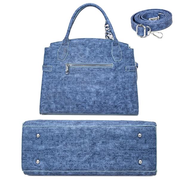 3IN1 DENIM TEXTURED SCARF HANDLE SATCHEL W MATCHING BAG AND WALLET SET