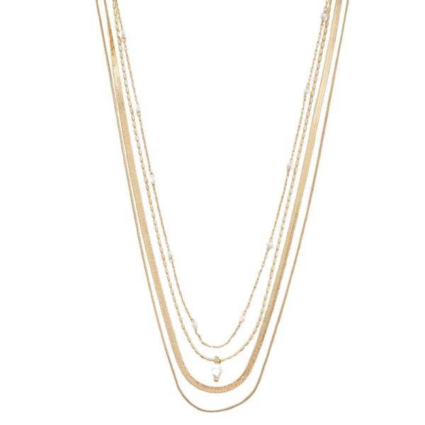 4 LAYERED METAL PEARL STATION NECKLACE