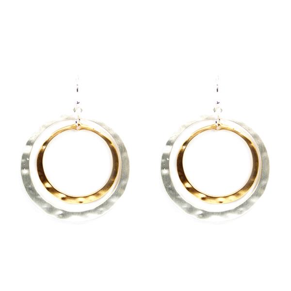 2 TONE HAMMERED TWO CIRCLE DANGLE EARRING