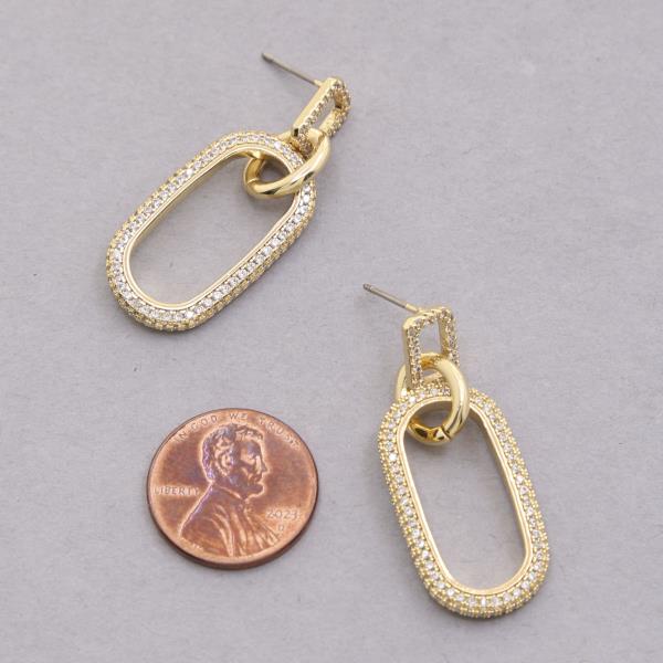 RHINESTONE OVAL RECTANGLE LINK 18K GOLD DIPPED EARRING