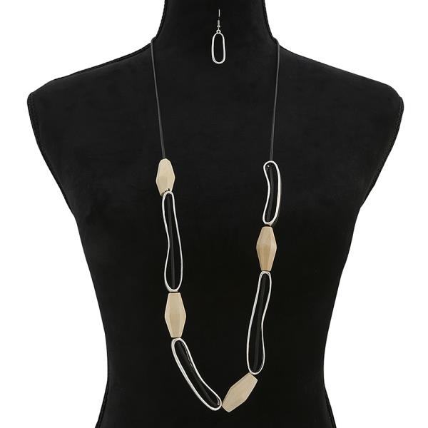 WOOD METAL MIX LONG NECKLACE EARRING SET