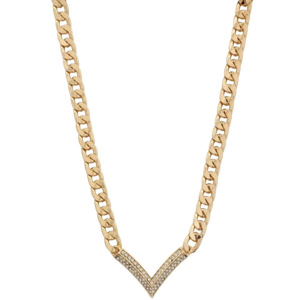 SDJ RHINESTONE V SHAPE PENDANT CURB LINK METAL NECKLACE