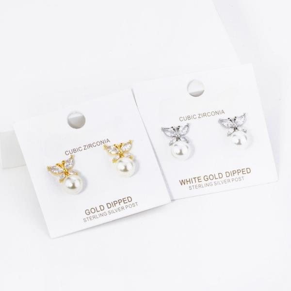 GOLD DIPPED CZ PEARL BUTTERFLY STUD EARRING
