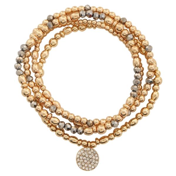 MIXED BEAD STRETCH BRACELET SET WITH CRYSTAL DISC CHARM