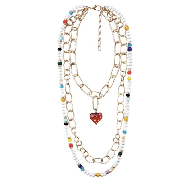 3 LAYERED PEARL METAL CHAIN HEART PENDANT NECKLACE