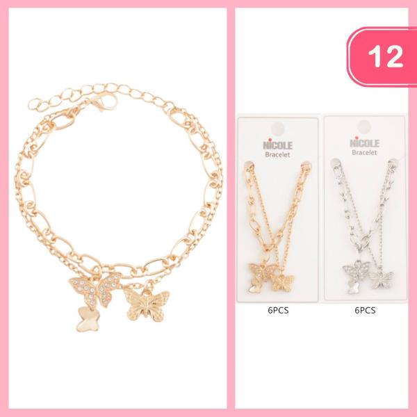 RHINESTONE LAYERED BUTTERFLY CHARM BRACELET (12 UNITS)
