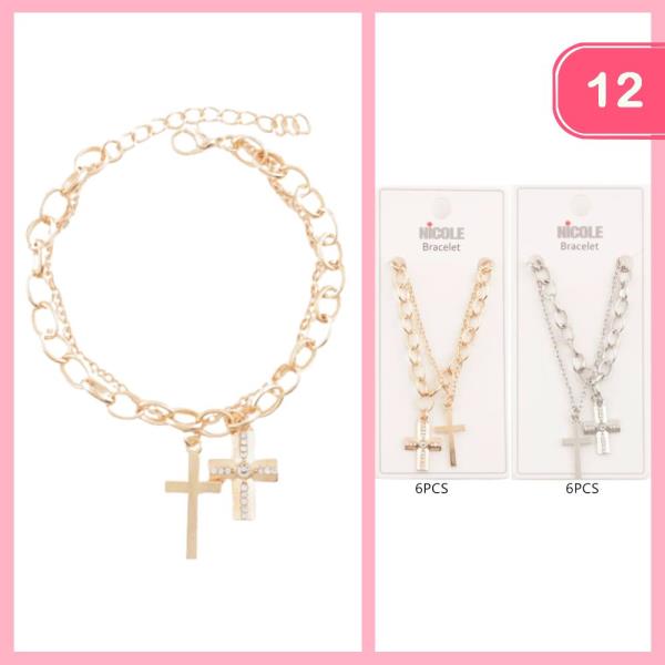 RHINESTONE CROSS LAYERED CHARM BRACELET (12 UNITS)