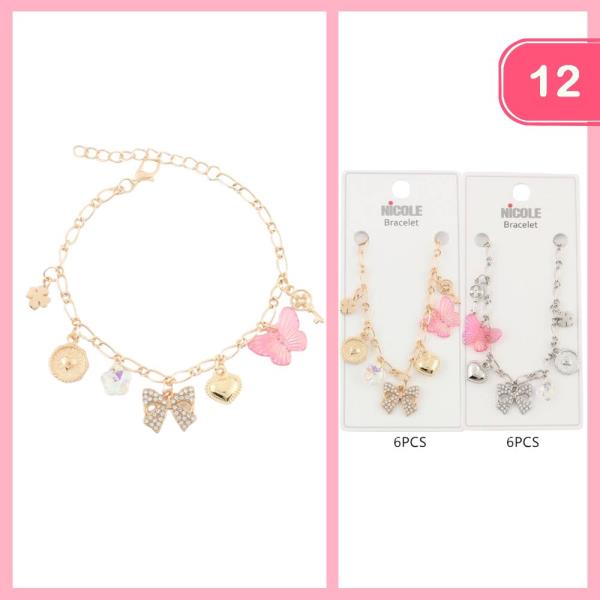 BUTTERFLY FLOWER BOW HEART CHARM BRACELET (12 UNITS)