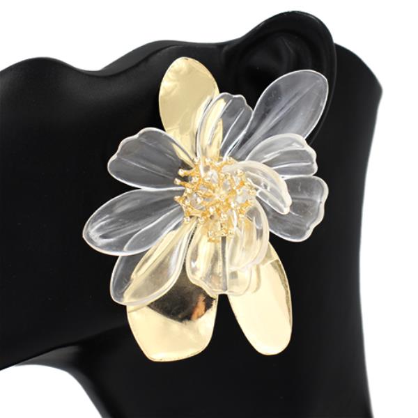 CLEAR AND GOLD SCULPTURAL FLOWER DESIGN EARRING