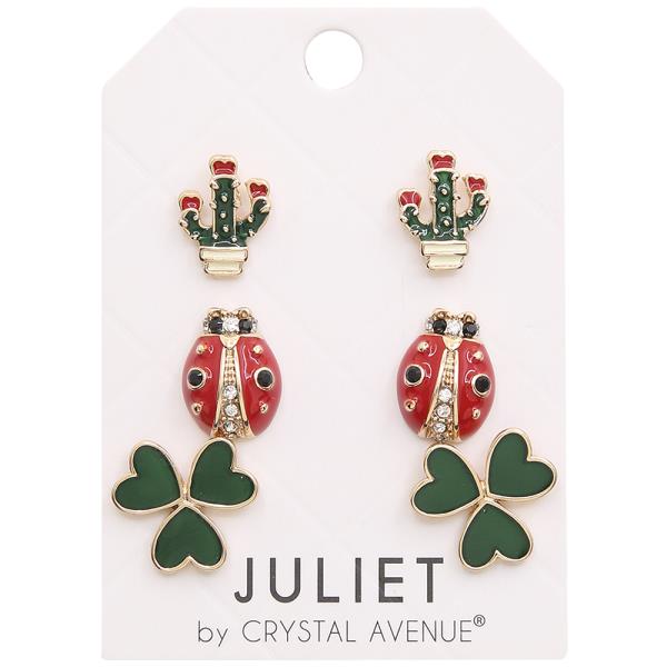 CACTUS LADYBUG CLOVER STUD EARRING SET