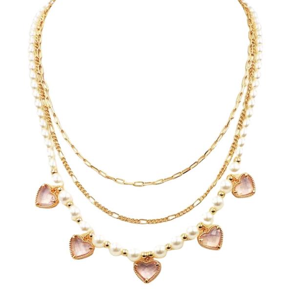 GLASS HEART CHARM STATION PEAR LAYERED NECKLACE