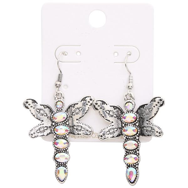 WESTERN RHINESTONE METAL DRAGONFLY DANGLE EARRING