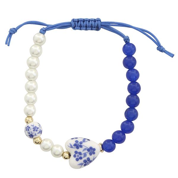 PEARL BLUE BEAD MIX CERAMIC CHARM ADJUSTABLE BRACELET