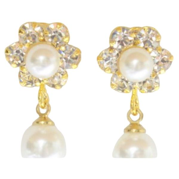 FLOWER RHINESTONE PEARL DANGLE EARRING