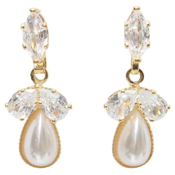 CZ STONE TEARDROP PEARL DANGLE EARRING