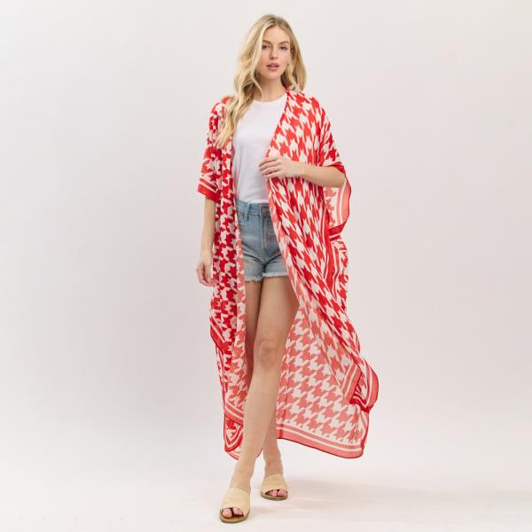 HOUNDSTOOTH PRINT OPEN FRONT LONG KIMONO