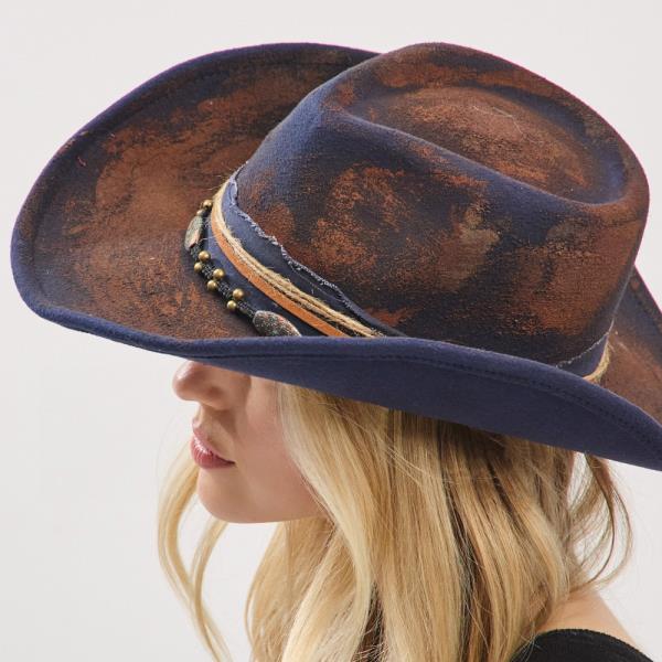 VINTAGE VERSATILE SHAPEABLE COWGIRL & FEDORA HAT WITH DISTRESSED FABRIC & MULTI BAND