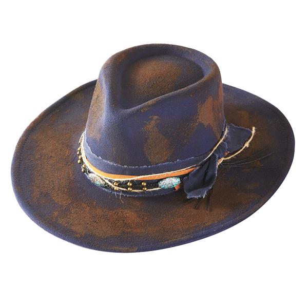VINTAGE VERSATILE SHAPEABLE COWGIRL & FEDORA HAT WITH DISTRESSED FABRIC & MULTI BAND
