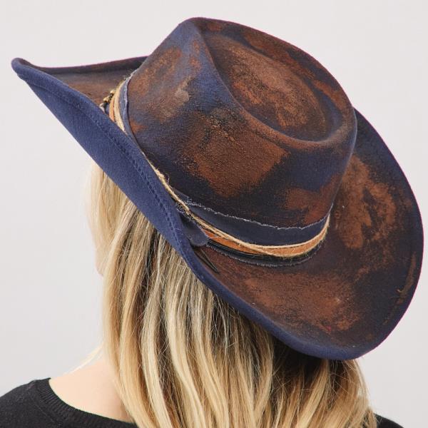 VINTAGE VERSATILE SHAPEABLE COWGIRL & FEDORA HAT WITH DISTRESSED FABRIC & MULTI BAND