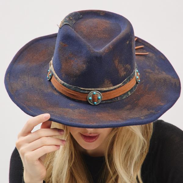 VINTAGE VERSATILE SHAPEABLE COWGIRL & FEDORA HAT WITH DISTRESSED FABRIC & SUEDE BAND