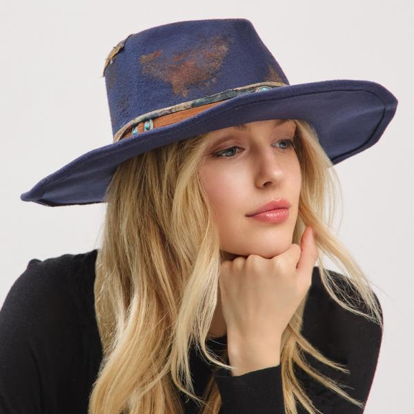 VINTAGE VERSATILE SHAPEABLE COWGIRL & FEDORA HAT WITH DISTRESSED FABRIC & SUEDE BAND