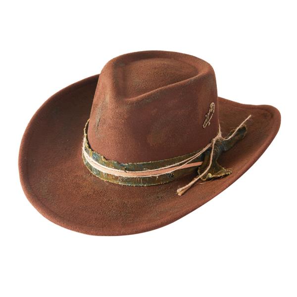 VINTAGE VERSATILE SHAPEABLE COWGIRL & FEDORA HAT WITH DISTRESSED FABRIC & SUEDE BAND. ONE SIZE
