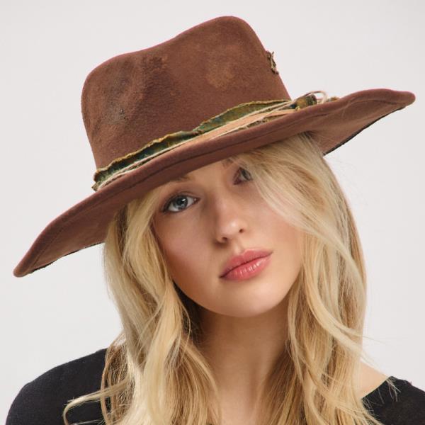 VINTAGE VERSATILE SHAPEABLE COWGIRL & FEDORA HAT WITH DISTRESSED FABRIC & SUEDE BAND. ONE SIZE