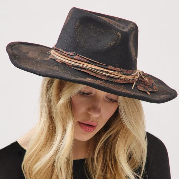 VINTAGE VERSATILE SHAPEABLE COWGIRL & FEDORA HAT WITH FEATHER & DISTRESSED FABRIC BAND