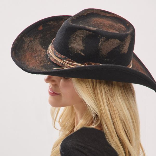 VINTAGE VERSATILE SHAPEABLE COWGIRL & FEDORA HAT WITH FEATHER & DISTRESSED FABRIC BAND