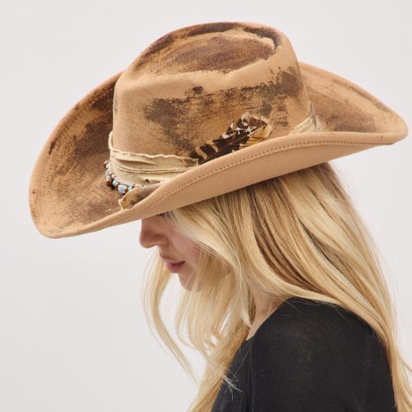 VINTAGE VERSATILE SHAPEABLE COWGIRL & FEDORA HAT WITH FEATHER & DISTRESSED FABRIC BAND