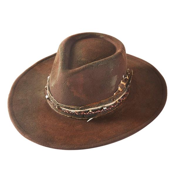 VINTAGE VERSATILE SHAPEABLE COWGIRL & FEDORA HAT WITH FEATHER & DISTRESSED FABRIC BAND