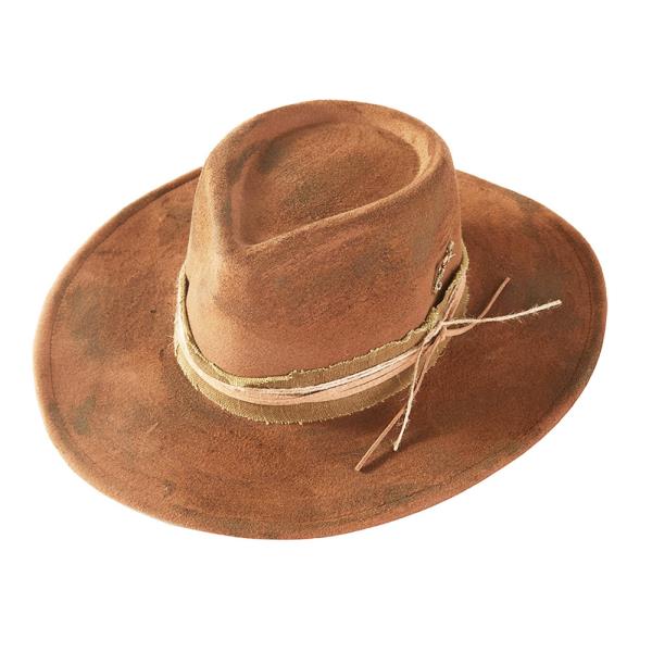 VINTAGE VERSATILE SHAPEABLE COWGIRL & FEDORA HAT WITH DISTRESSED FABRIC BAND