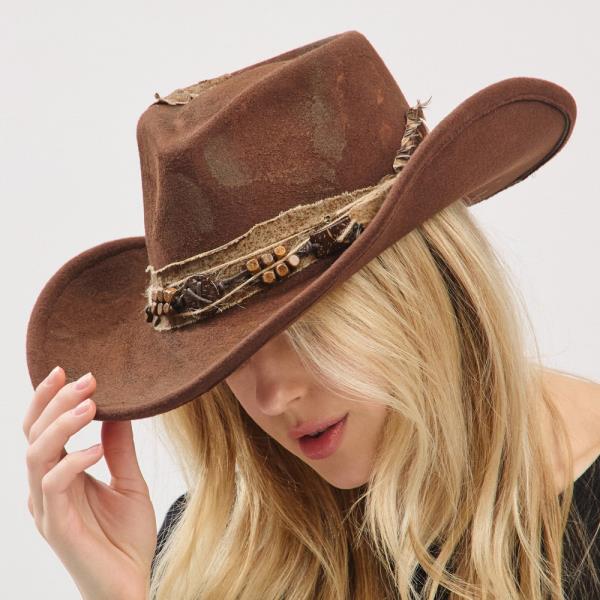VINTAGE VERSATILE SHAPEABLE COWGIRL & FEDORA HAT WITH FEATHER & DISTRESSED FABRIC BAND
