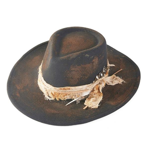 VINTAGE VERSATILE SHAPEABLE COWGIRL & FEDORA HAT WITH FEATHER & DISTRESSED FABRIC BAND