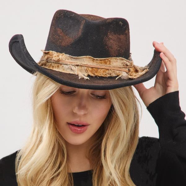 VINTAGE VERSATILE SHAPEABLE COWGIRL & FEDORA HAT WITH FEATHER & DISTRESSED FABRIC BAND