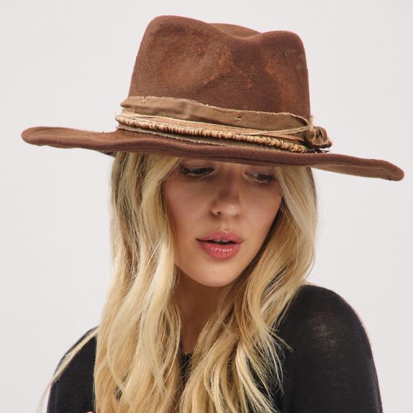 VINTAGE VERSATILE SHAPEABLE COWGIRL & FEDORA HAT WITH DISTRESSED FABRIC BAND
