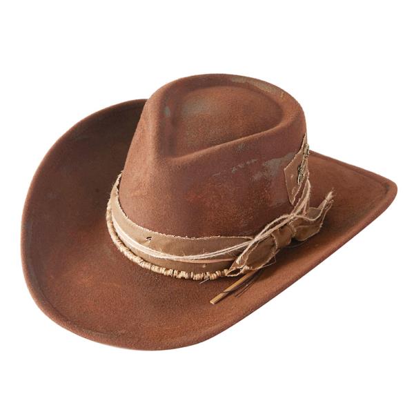 VINTAGE VERSATILE SHAPEABLE COWGIRL & FEDORA HAT WITH DISTRESSED FABRIC BAND