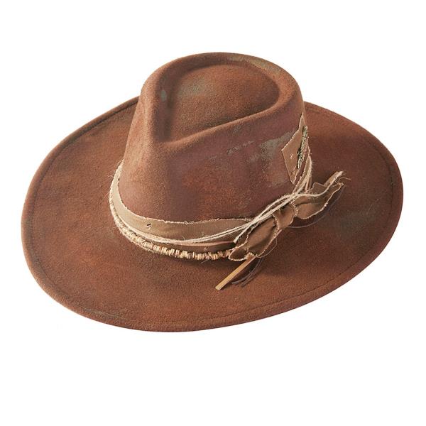 VINTAGE VERSATILE SHAPEABLE COWGIRL & FEDORA HAT WITH DISTRESSED FABRIC BAND