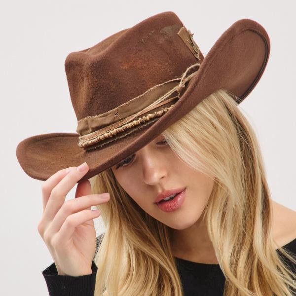 VINTAGE VERSATILE SHAPEABLE COWGIRL & FEDORA HAT WITH DISTRESSED FABRIC BAND