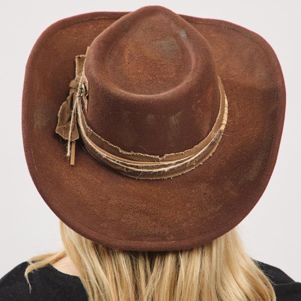 VINTAGE VERSATILE SHAPEABLE COWGIRL & FEDORA HAT WITH DISTRESSED FABRIC BAND