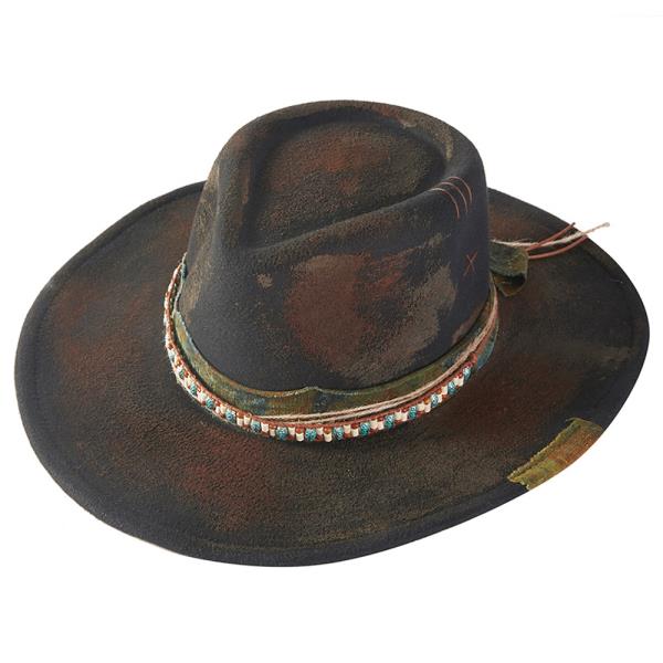VINTAGE VERSATILE SHAPEABLE COWGIRL & FEDORA HAT WITH DISTRESSED FABRIC BAND. ONE SIZE