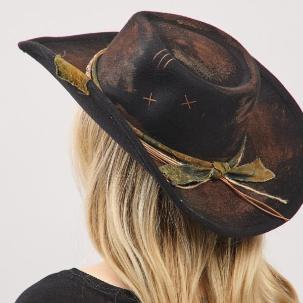 VINTAGE VERSATILE SHAPEABLE COWGIRL & FEDORA HAT WITH DISTRESSED FABRIC BAND. ONE SIZE