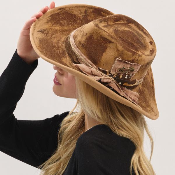 VINTAGE VERSATILE SHAPEABLE COWGIRL & FEDORA HAT WITH FEATHER & DISTRESSED FABRIC BAND