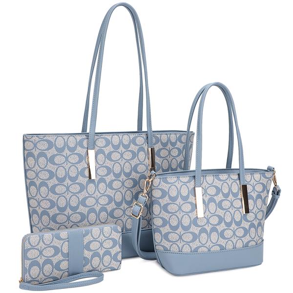 3IN1 OVAL PRINTED TEXTURE TOTE W MATCHING BAG AND WALLET SET