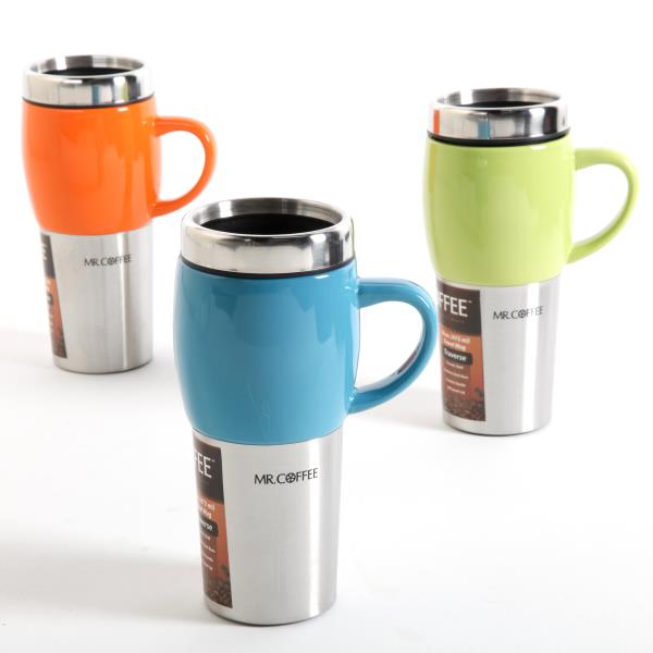 MR. COFFEE TRAVERSE 16 OUNCE STAINLESS STEEL AND CERAMIC TRAVEL MUG AND LID