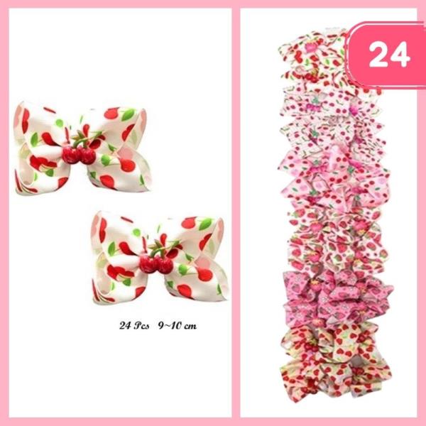 CHERRY RIBBON HAIR BOW PIN (12 UNITS)