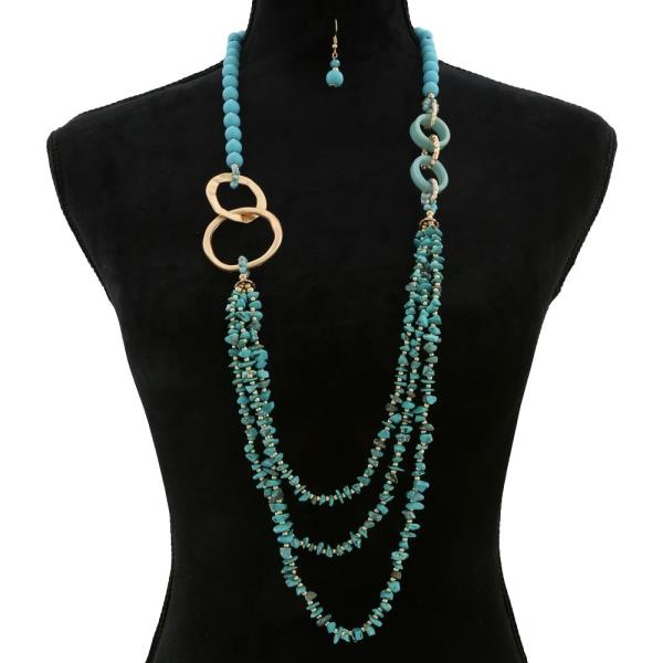 MULTISTRAND TURQUOISE CHIP BEAD ASYMMETRIC LINK DROP NECKLACE